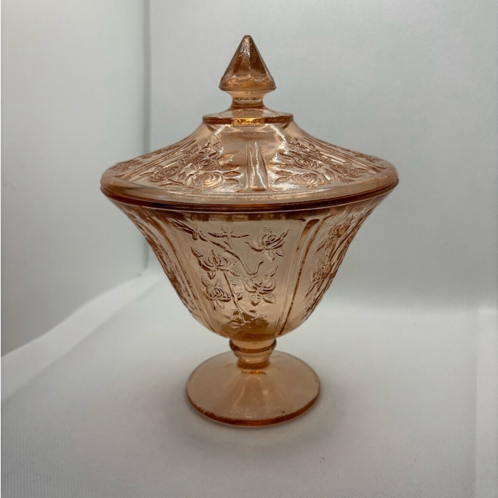 Federal 1930s Sharon Cabbage Rose Pink Depression Candy Dish w/lid Vintage